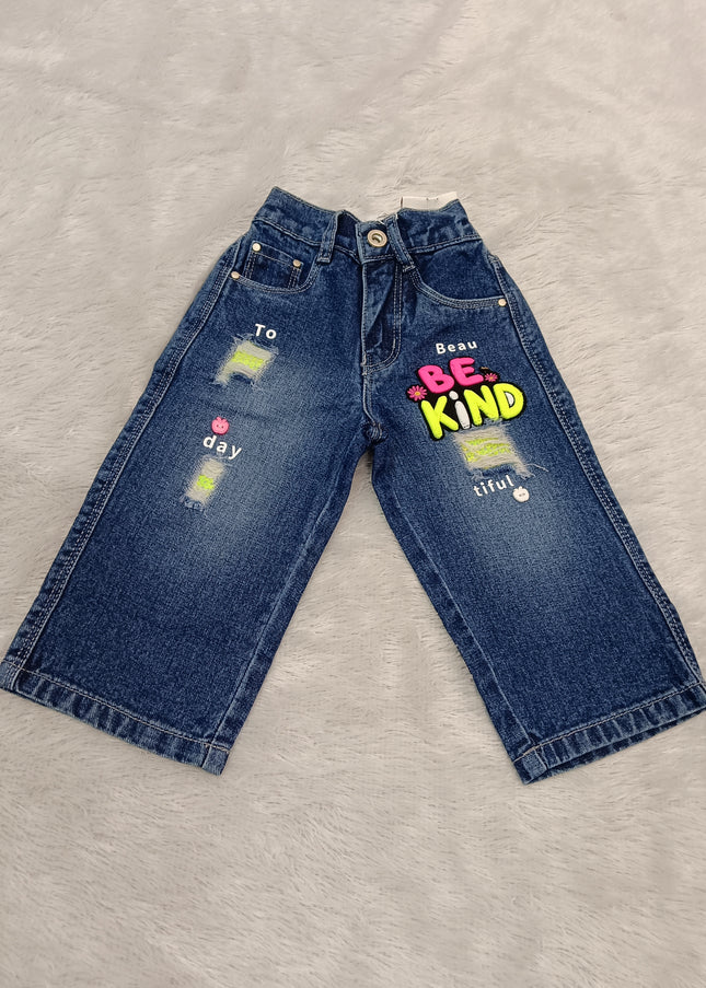 GIRLS JEANS CODE-A367 Girls Wide Leg Denim Jeans with Printed Graphic Design | He And She
