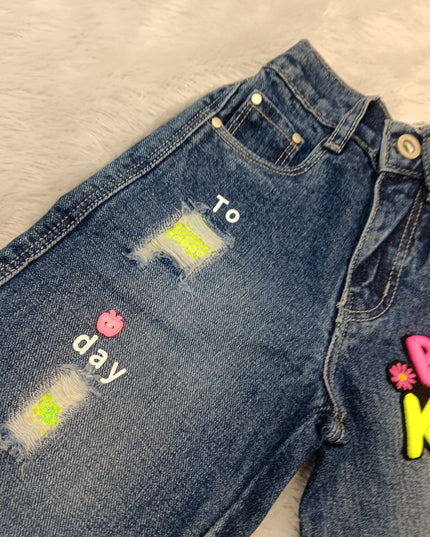 GIRLS JEANS CODE-A367 Girls Wide Leg Denim Jeans with Printed Graphic Design | He And She