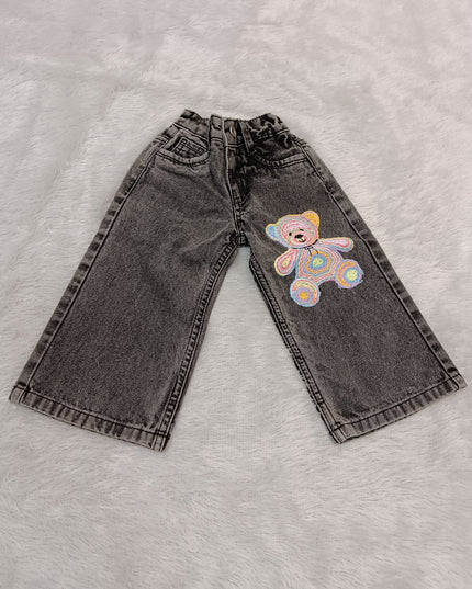 GIRLS JEANS CODE-A370 Girls Wide Leg Jeans | Grey Washed Wide Leg Denim with Teddy Bear Patch