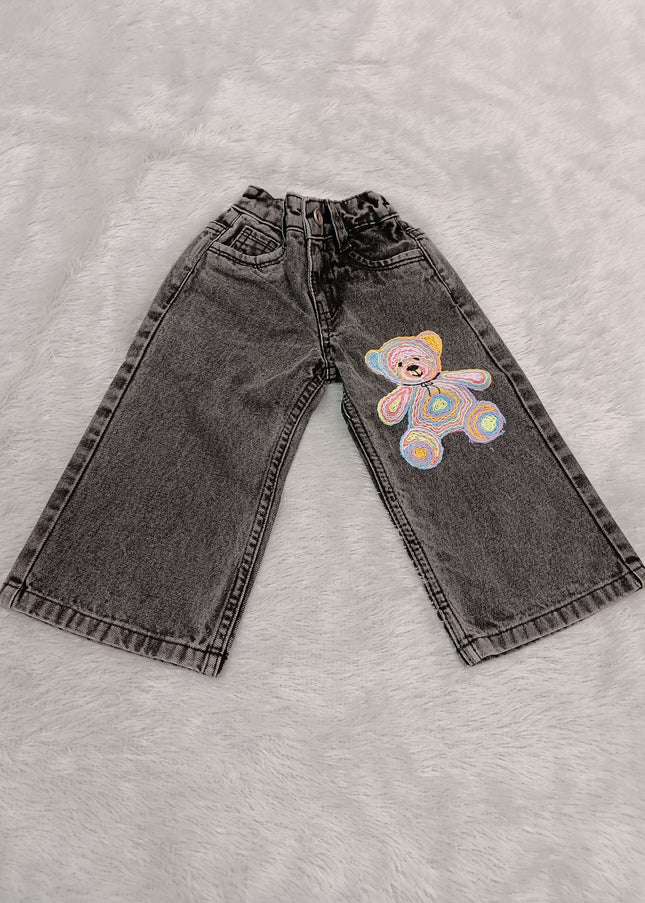 GIRLS JEANS CODE-A370 Girls Wide Leg Jeans | Grey Washed Wide Leg Denim with Teddy Bear Patch