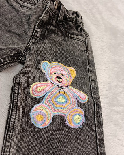 GIRLS JEANS CODE-A370 Girls Wide Leg Jeans | Grey Washed Wide Leg Denim with Teddy Bear Patch