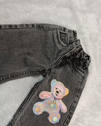 GIRLS JEANS CODE-A370 Girls Wide Leg Jeans | Grey Washed Wide Leg Denim with Teddy Bear Patch