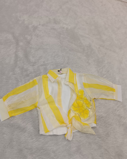 GIRLS TOPS CODE-A347 Girls White & Yellow Floral Embroidered Tie-Up Shirt Top