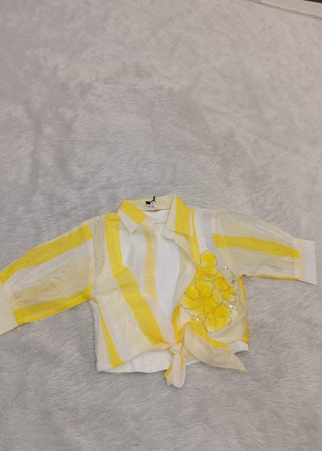 GIRLS TOPS CODE-A347 Girls White & Yellow Floral Embroidered Tie-Up Shirt Top