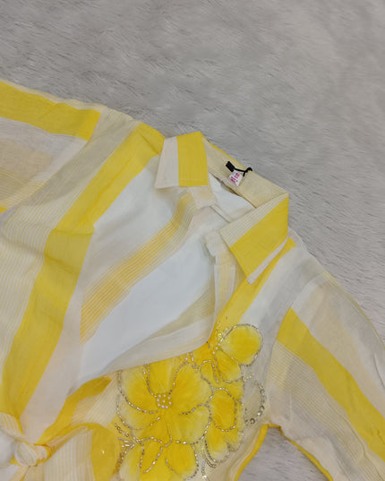 GIRLS TOPS CODE-A347 Girls White & Yellow Floral Embroidered Tie-Up Shirt Top