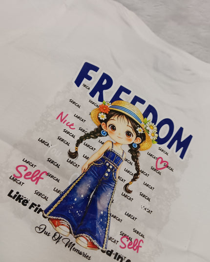 GIRLS TOPS CODE-A351 Girls White Graphic Oversized T-Shirt – Freedom Print Cotton Top | He And She