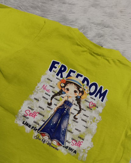 GIRLS TOPS CODE-A351 Girls White Graphic Oversized T-Shirt – Freedom Print Cotton Top | He And She