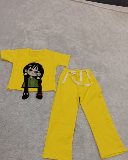 GIRLS CODINATE CODE-A374 Girls Yellow Cartoon Printed T-Shirt & Pants Co-Ord Set | He And She Kidswear