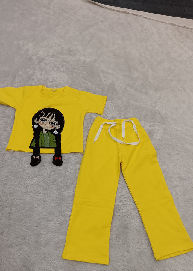 GIRLS CODINATE CODE-A374 Girls Yellow Cartoon Printed T-Shirt & Pants Co-Ord Set | He And She Kidswear