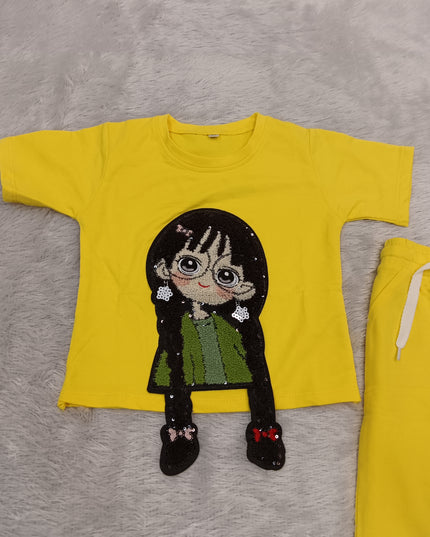 GIRLS CODINATE CODE-A374 Girls Yellow Cartoon Printed T-Shirt & Pants Co-Ord Set | He And She Kidswear