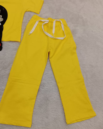 GIRLS CODINATE CODE-A374 Girls Yellow Cartoon Printed T-Shirt & Pants Co-Ord Set | He And She Kidswear