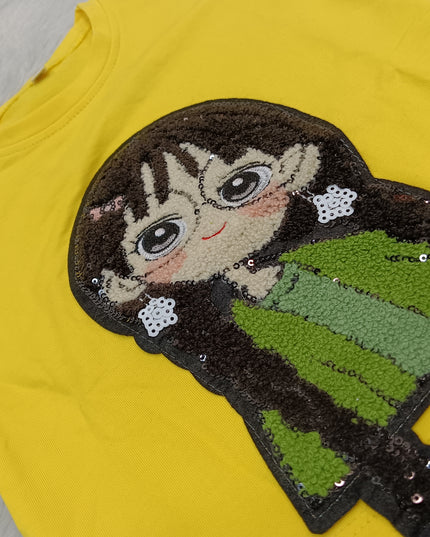 GIRLS CODINATE CODE-A374 Girls Yellow Cartoon Printed T-Shirt & Pants Co-Ord Set | He And She Kidswear