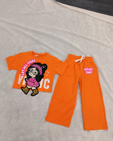 GIRLS CODINATE CODE-A361 Girls Orange Printed T-Shirt & Palazzo Co-Ord Set | Kids Casual 2-Piece Outfit