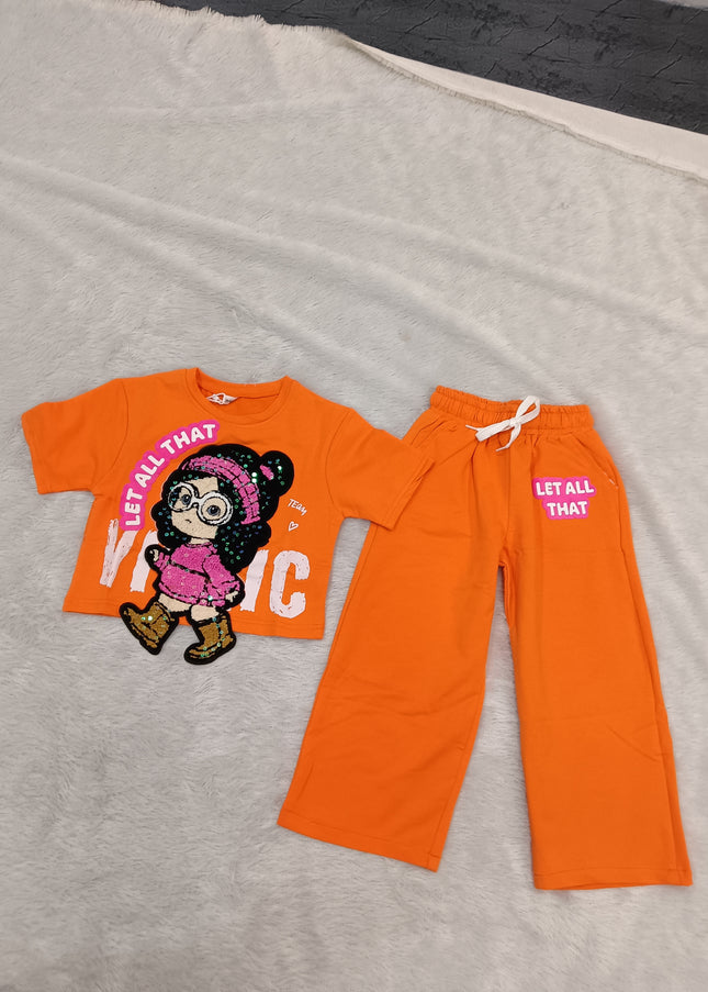 GIRLS CODINATE CODE-A361 Girls Orange Printed T-Shirt & Palazzo Co-Ord Set | Kids Casual 2-Piece Outfit