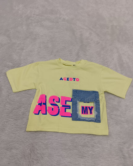 GIRLS TOPS CODE-A357 Girls Yellow Printed Cotton T-Shirt | Casual Half Sleeve Top | He And She Kidswear
