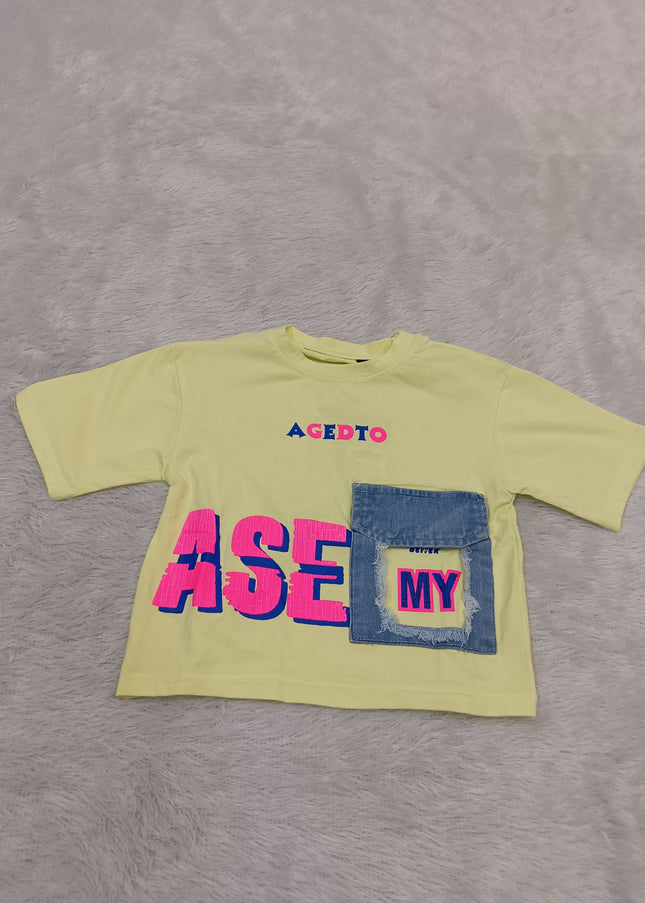 GIRLS TOPS CODE-A357 Girls Yellow Printed Cotton T-Shirt | Casual Half Sleeve Top | He And She Kidswear