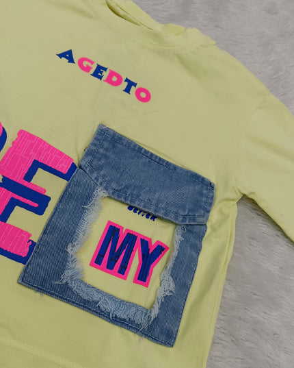 GIRLS TOPS CODE-A357 Girls Yellow Printed Cotton T-Shirt | Casual Half Sleeve Top | He And She Kidswear