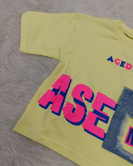 GIRLS TOPS CODE-A357 Girls Yellow Printed Cotton T-Shirt | Casual Half Sleeve Top | He And She Kidswear
