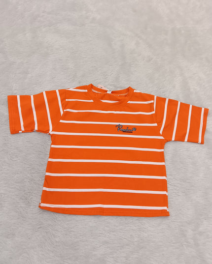 GIRLS TOPS CODE-A355 Girls Orange & White Striped Half Sleeve T-Shirt | Casual Cotton Top