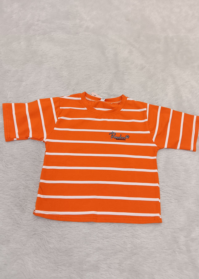 GIRLS TOPS CODE-A355 Girls Orange & White Striped Half Sleeve T-Shirt | Casual Cotton Top