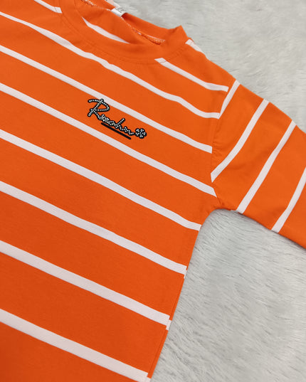 GIRLS TOPS CODE-A355 Girls Orange & White Striped Half Sleeve T-Shirt | Casual Cotton Top