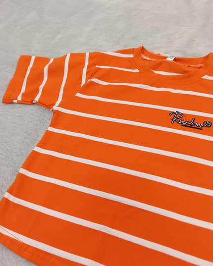 GIRLS TOPS CODE-A355 Girls Orange & White Striped Half Sleeve T-Shirt | Casual Cotton Top