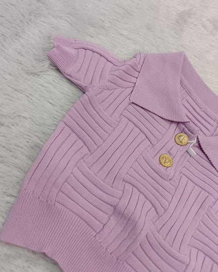 GIRLS TOPS CODE-A349 Girls Pink Textured Knit Collared Top | He And She Kidswear