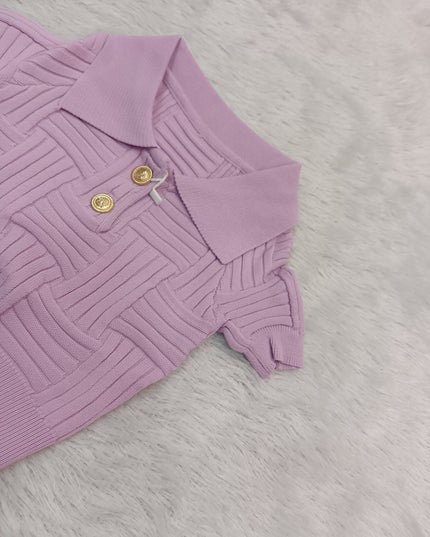 GIRLS TOPS CODE-A349 Girls Pink Textured Knit Collared Top | He And She Kidswear