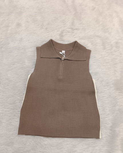 GIRLS TOPS CODE-A348 Girls Brown Sleeveless Collar Top | Half Zip Casual Top | He and She Kidswear