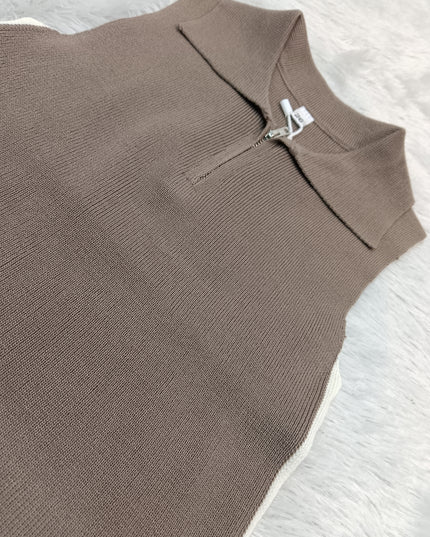GIRLS TOPS CODE-A348 Girls Brown Sleeveless Collar Top | Half Zip Casual Top | He and She Kidswear