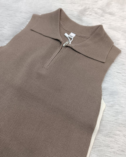 GIRLS TOPS CODE-A348 Girls Brown Sleeveless Collar Top | Half Zip Casual Top | He and She Kidswear