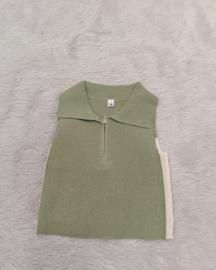 GIRLS TOPS CODE-A348 Girls Brown Sleeveless Collar Top | Half Zip Casual Top | He and She Kidswear