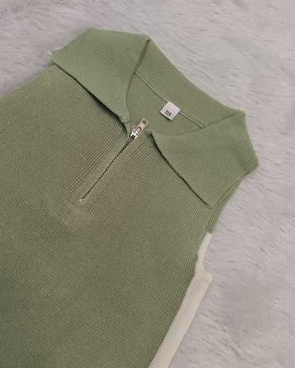 GIRLS TOPS CODE-A348 Girls Brown Sleeveless Collar Top | Half Zip Casual Top | He and She Kidswear