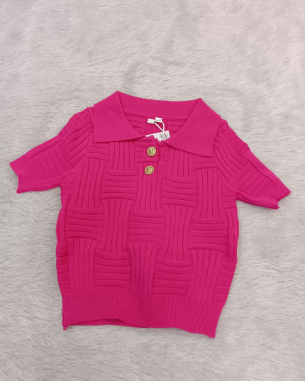 GIRLS TOPS CODE-A349 Girls Pink Textured Knit Collared Top | He And She Kidswear