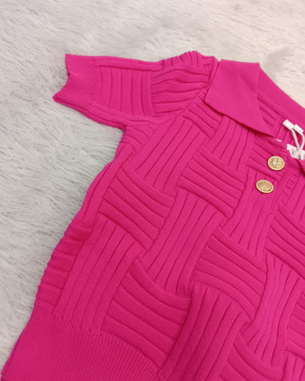 GIRLS TOPS CODE-A349 Girls Pink Textured Knit Collared Top | He And She Kidswear