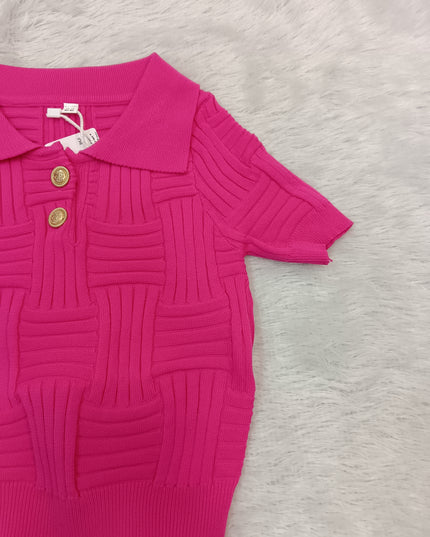 GIRLS TOPS CODE-A349 Girls Pink Textured Knit Collared Top | He And She Kidswear