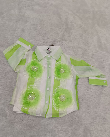 GIRLS TOPS CODE-A346 Girls Green & White Floral Striped Shirt Top | He And She Kidswear