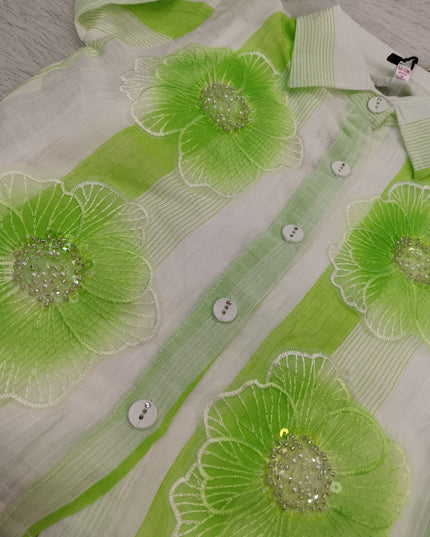 GIRLS TOPS CODE-A346 Girls Green & White Floral Striped Shirt Top | He And She Kidswear
