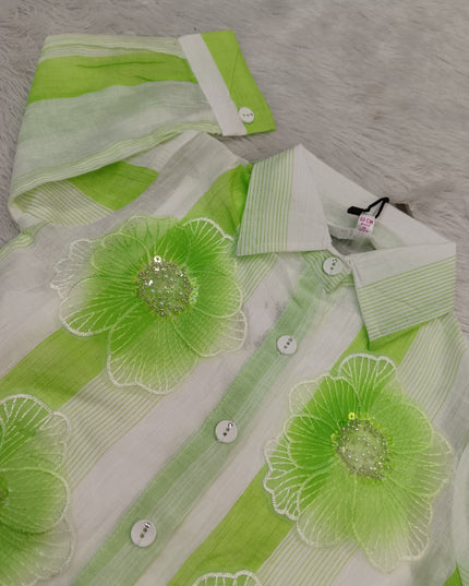 GIRLS TOPS CODE-A346 Girls Green & White Floral Striped Shirt Top | He And She Kidswear