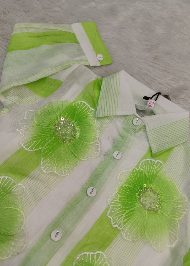 GIRLS TOPS CODE-A346 Girls Green & White Floral Striped Shirt Top | He And She Kidswear