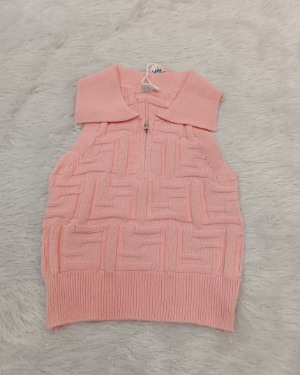 GIRLS TOPS CODE-A350 Girls Pink Textured Sleeveless Collared Zip-Up Top | Stylish Kids Casual Top | He And She