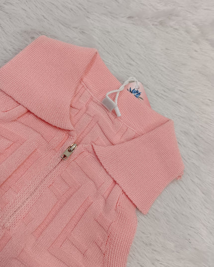 GIRLS TOPS CODE-A350 Girls Pink Textured Sleeveless Collared Zip-Up Top | Stylish Kids Casual Top | He And She