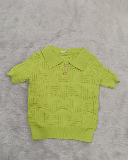GIRLS TOPS CODE-A349 Girls Pink Textured Knit Collared Top | He And She Kidswear