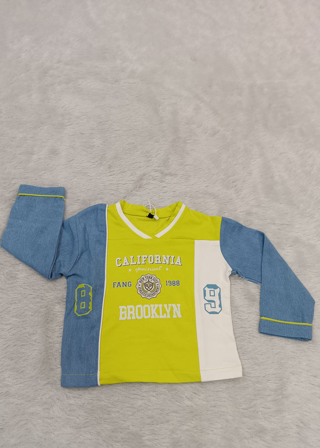 GIRLS TOPS CODE-A364 Girls Stylish Yellow & Blue Full Sleeve Printed Top | Kids Casual T-Shirt