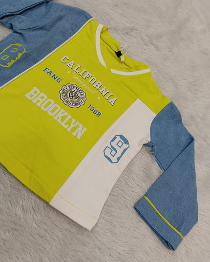 GIRLS TOPS CODE-A364 Girls Stylish Yellow & Blue Full Sleeve Printed Top | Kids Casual T-Shirt