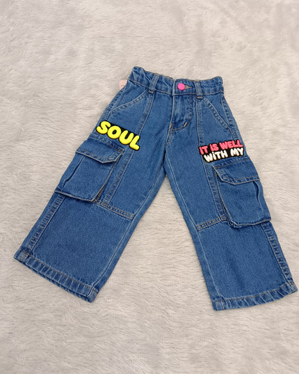 GIRLS JEANS CODE-A369 Girls Blue Denim Cargo Jeans | Stylish Wide Leg Jeans for Kids | He and She