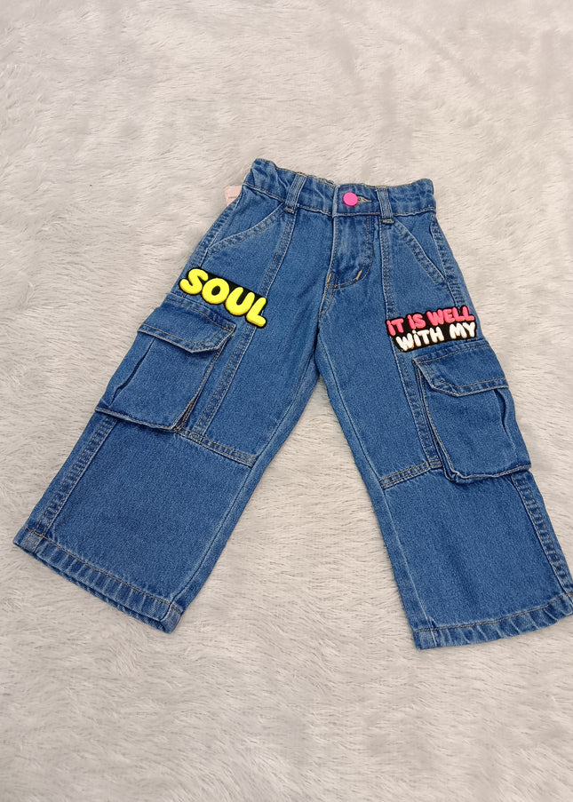 GIRLS JEANS CODE-A369 Girls Blue Denim Cargo Jeans | Stylish Wide Leg Jeans for Kids | He and She