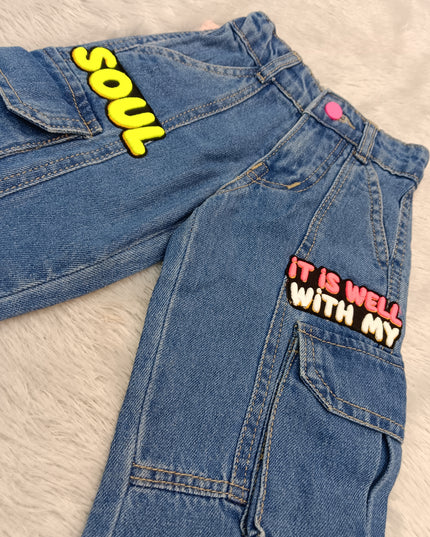 GIRLS JEANS CODE-A369 Girls Blue Denim Cargo Jeans | Stylish Wide Leg Jeans for Kids | He and She