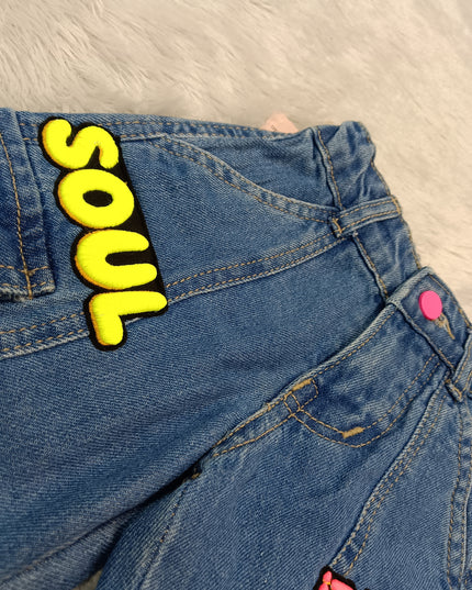 GIRLS JEANS CODE-A369 Girls Blue Denim Cargo Jeans | Stylish Wide Leg Jeans for Kids | He and She