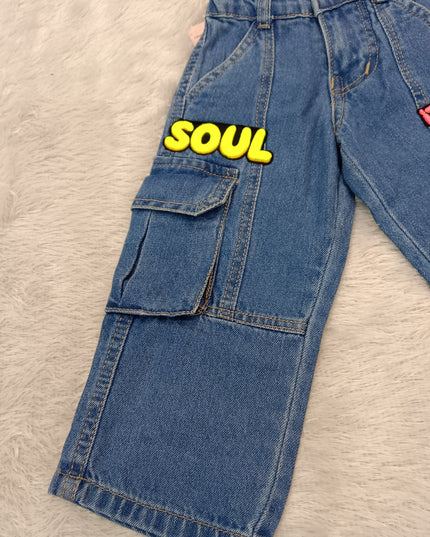GIRLS JEANS CODE-A369 Girls Blue Denim Cargo Jeans | Stylish Wide Leg Jeans for Kids | He and She